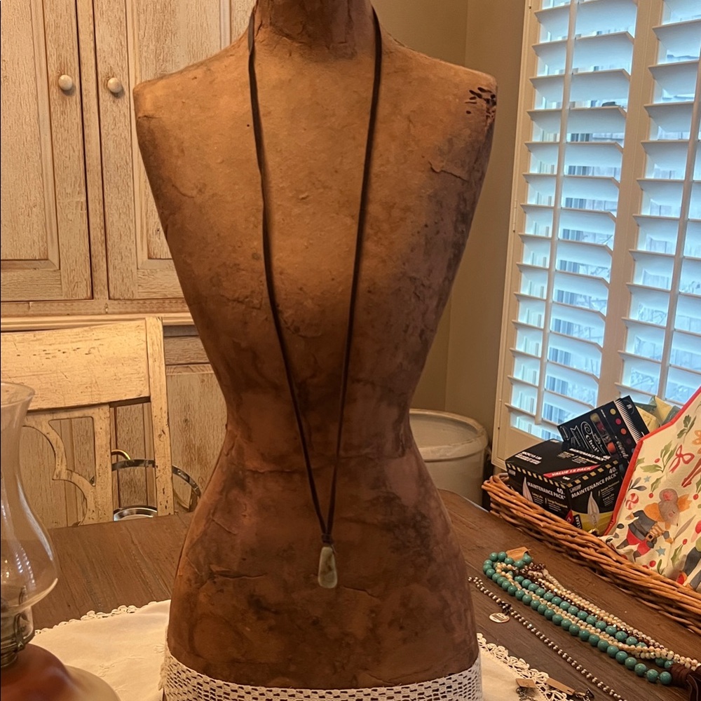 Leather Necklace with Green Stone Pendant